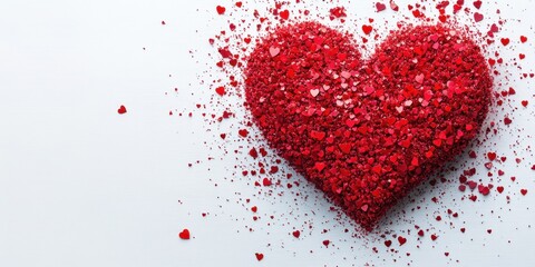 Heart made of red glittering confetti scattered on a white background for a romantic celebration or event decor