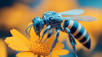 Metallic Robotic Bee on Yellow Daisy – Concept Macro