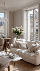 Elegant parisian living room with white sofa and chic decor