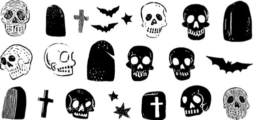 Halloween skulls and bones linocut seamless background for festive design