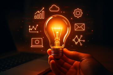 creative glowing lightbulb with digital icons of business and finance symbols on a dark background for innovation concepts