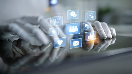 AI analyzing social media interaction, processing user responses, and generating insights from...