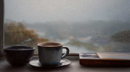 A rainy day scene through a foggy window, creating a still life of blurred shapes, muted colors, and cozy ambiance.