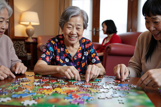 group of happy senior Asian women works together on a colorful jigsaw puzzle in a nursing home, a fun activity for cognitive health and social bonding