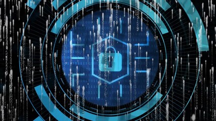 White code streaming starting cyan-blue rings fading, forming rotating hexagon shield securing data - Powered by Adobe