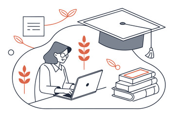 Online Education Concept Student Studying with Laptop and Graduation Cap