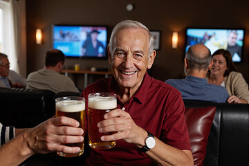 Happy senior man smiles and raises two glasses of beer for a toast while watching television with friends or family in a cozy living room