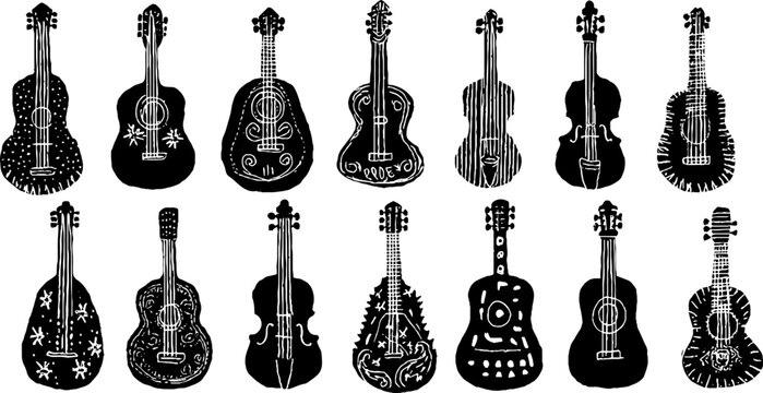 Fototapeta Seamless musical pattern with guitars and notes in linocut style for artistic design