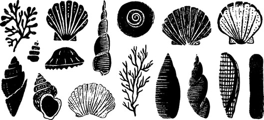 Nautical linocut seamless pattern with waves and shells - marine themed design for artistic projects