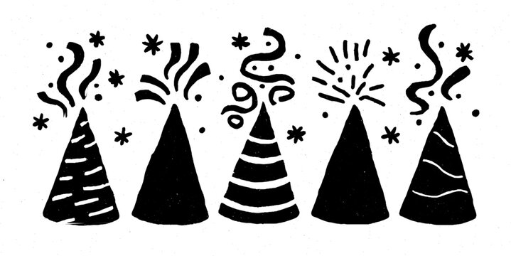 Festive new year linocut border design with party hats and streamers for holiday celebrations