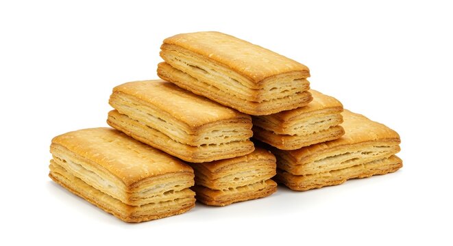 Flaky Indian khari puff pastries stacked, isolated on white, crisp golden texture in professional food photo