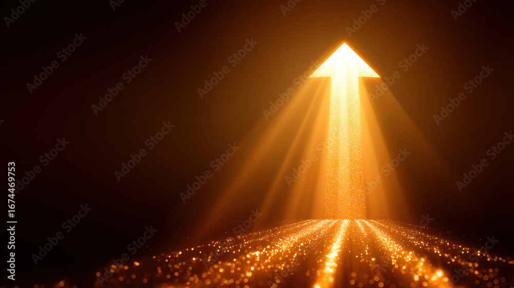 Wall mural glowing arrow points upward, surrounded by shimmering particles and beams of light, creating sense o
