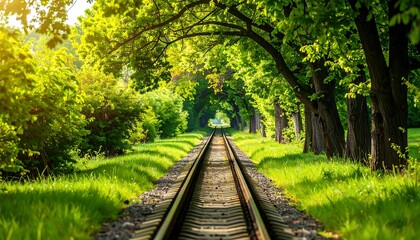 Fototapeta premium Scenic perspective of train tracks vanishing into a tunnel created by vibrant, green trees