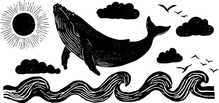 Whale jumping over ocean waves in celestial linocut style for nautical design