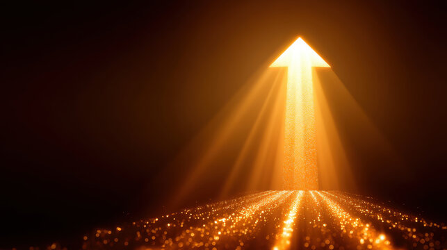 Glowing arrow points upward, surrounded by shimmering particles and beams of light, creating sense of hope and direction. warm golden tones evoke feelings of positivity and inspiration