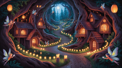 Fototapeta premium Fairies lighting up the path in an enchanted forest village at night