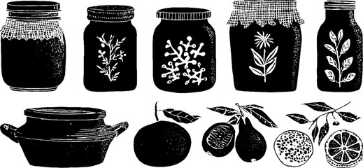 Linocut jars of jam seamless pattern for vintage preservation design