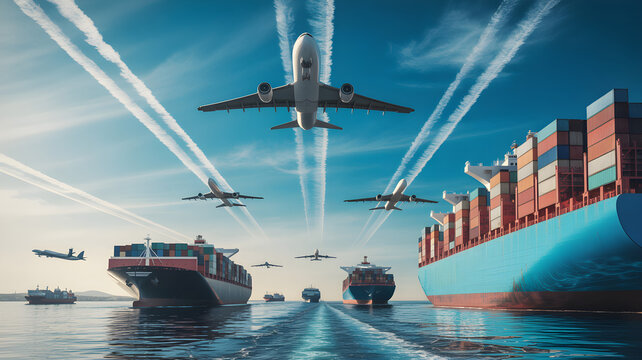 International transportation with cargo ships and airplanes flying over the ocean