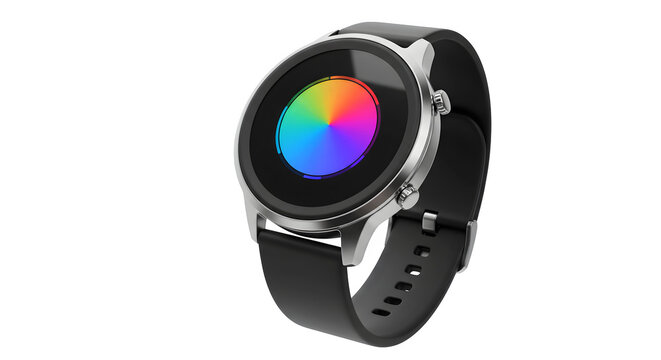 Silver, Black Smartwatch displays rainbow screen. Product photography, e-commerce, tech ads.