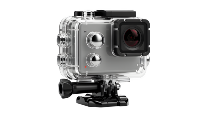 Clear action camera case reflects light; product photography, digital presentation.