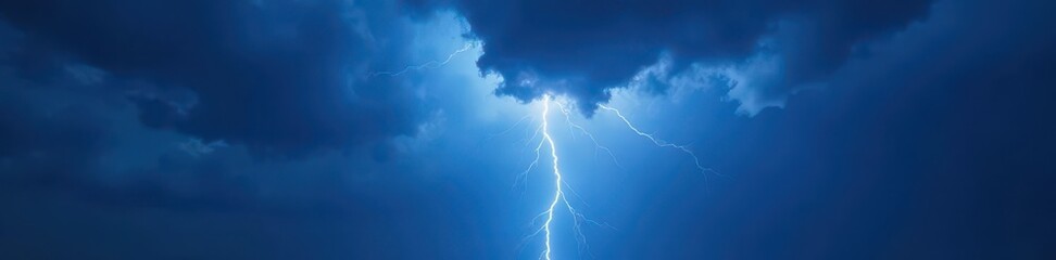 Dark blue sky, ominous clouds, single lightning bolt , electrical storm, atmospheric