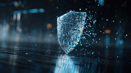 Digital shield composed of glowing particles represents cybersecurity and protection in futuristic environment. shimmering effect conveys sense of security and advanced technology