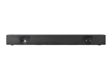 Black sleek soundbar stands against black backdrop. Use it for product photography, marketing, and branding.