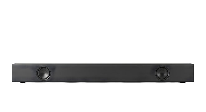 Black sleek soundbar stands against black backdrop. Use it for product photography, marketing, and branding.