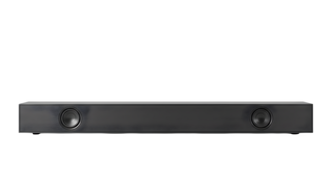 Black sleek soundbar stands against black backdrop. Use it for product photography, marketing, and branding.