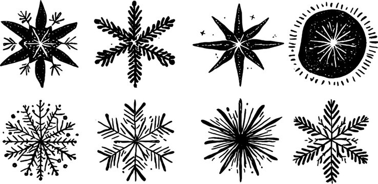 Seamless winter pattern of linocut snowflakes and stars for seasonal design