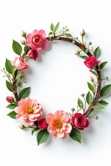 Fototapeta premium Floral wreath on white background with fresh flowers and greenery, garden, spring