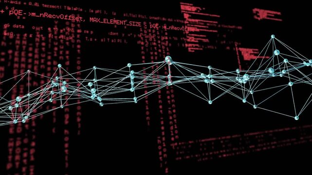 Faint red text appearing triggers turquoise spheres linked by lines pulsing right showing code flow