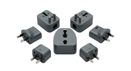 Dark grey adapter plugs with soft shadows. Great for travel product photography, tech branding, or poster design.