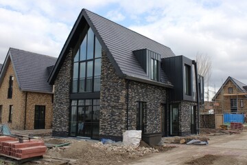 Modern residential building under construction in a suburban area, showcasing a blend of stone and metal materials, with a clear sky in the background