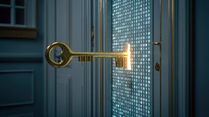 Golden key is inserted into digital lock, illuminating binary code pattern on door. This symbolizes security, technology, and access to information