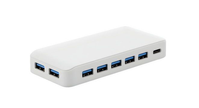White, glossy USB hub sits isolated. Clean product shot perfect for tech product catalogs, digital stores, technology blogs, device comparisons.