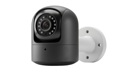 Modern black security camera features sleek design and IR lights. For surveillance, security, and home automation product photography.