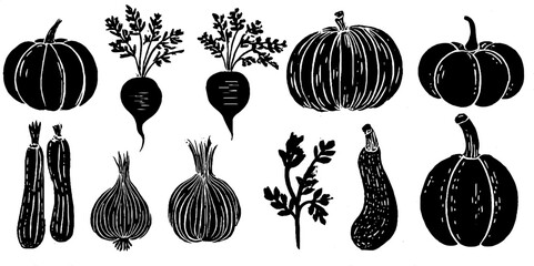 Linocut vegetable seamless pattern with carrots and beets for boho design