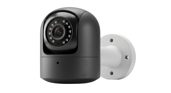 Modern black security camera features sleek design and IR lights. For surveillance, security, and home automation product photography.