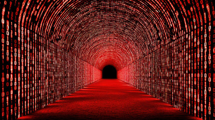 Digital tunnel filled with binary code creates striking visual effect, evoking sense of mystery and technology. vibrant red colors enhance atmosphere, suggesting futuristic or cybernetic theme