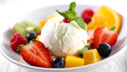 Creamy vanilla ice cream topping colorful fruit salad in a white bowl, garnished with mint