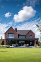 Obraz premium A contemporary brick home features expansive windows that invite natural light, nestled within a vibrant green garden, all set against a bright blue sky during the daytime