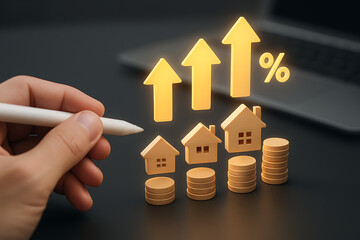 A business professional analyzing real estate and financial growth with coins and houses