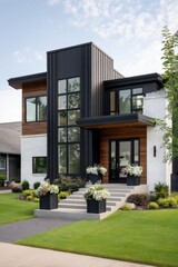 Modern residence featuring a stylish facade with large windows, lush landscaping, and a welcoming entrance situated in a serene neighborhood during daytime