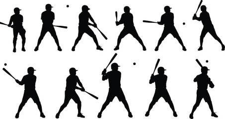 Baseball player silhouette action, swinging bat, hitting ball, sports training illustration, athletic man exercise, black shadow artwork, competition, teamwork, strength, determination