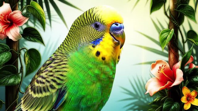 Budgerigar Portrait: Exotic Bird in Lush Flora