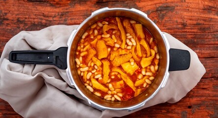 A classic Brazilian dish known as dobradinha, prepared with beef tripe, white beans, and tropical spices, served with traditional farofa made from toasted cassava flour.
