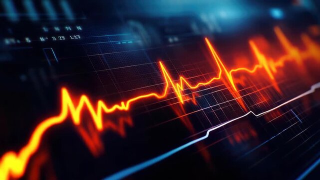 Dynamic ECG line display with red and blue neon lights on dark background