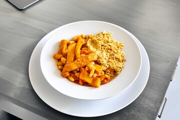A classic Brazilian dish known as dobradinha, prepared with beef tripe, white beans, and tropical spices, served with traditional farofa made from toasted cassava flour.