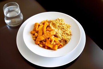 A classic Brazilian dish known as dobradinha, prepared with beef tripe, white beans, and tropical spices, served with traditional farofa made from toasted cassava flour.